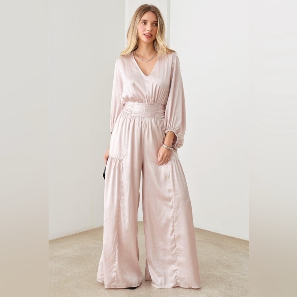 Mustard Seed Satin V-Neck Ruched Waist Wide Leg Jumpsuit